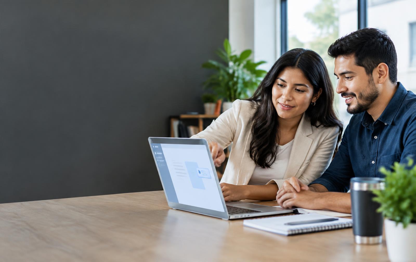 Adults developing digital workplace skills together at a laptop